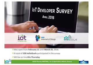 AGILE	Plenary	MEETING,	14-15	April	2016,	Athens,	Greece
vWas	open	from	February	11	until	March	25,	2016.
vA	total	of	528	individuals	participated	in	the	survey
vWill	be	on	line	this	Thursday
 