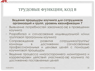 ТРУДОВЫЕ ФУНКЦИИ, КОД B
Ведение процедуры коучинга для сотрудников
организаций и групп, уровень квалификации 7
• Выявление потребностей заказчика(-ов) в проведении
коучинга
• Разработка и согласование индивидуальной и/или
групповой программы коучинга
• Сопровождение развития сотрудника/группы/
команды в достижении согласованных
профессиональных и деловых целей с помощью
коучинговой процедуры
• Ведение процесса многостороннего мониторинга и
корректировки действий участника(-ов) коучинга по
достижению поставленных целей
www.coach-rus.org 2215.04.2016
 