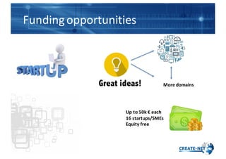 Funding	
  opportunities
Great ideas!
Up	
  to	
  50k	
  € each
16	
  startups/SMEs
Equity	
  free
More	
  domains
 