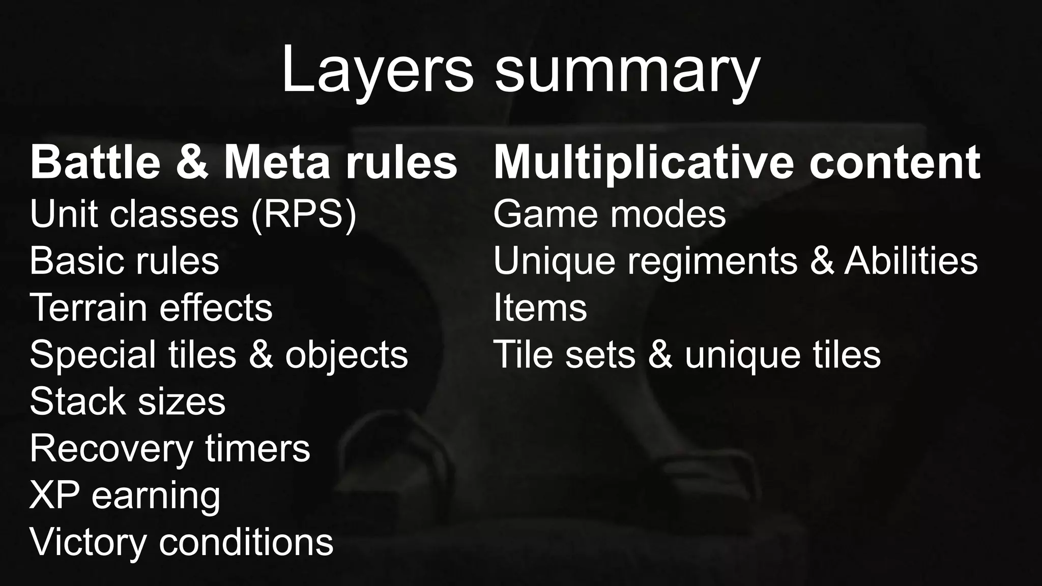 Multiplicative content
Game modes
Unique regiments & Abilities
Items
Tile sets & unique tiles
Layers summary
Battle & Meta rules
Unit classes (RPS)
Basic rules
Terrain effects
Special tiles & objects
Stack sizes
Recovery timers
XP earning
Victory conditions
 