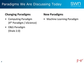 4
Changing Paradigms
• Computing Paradigm
(4th Paradigm / eScience)
• O&G Paradigm
(Shale 2.0)
New Paradigms
• Machine Learning Paradigm
Paradigms We Are Discussing Today
 