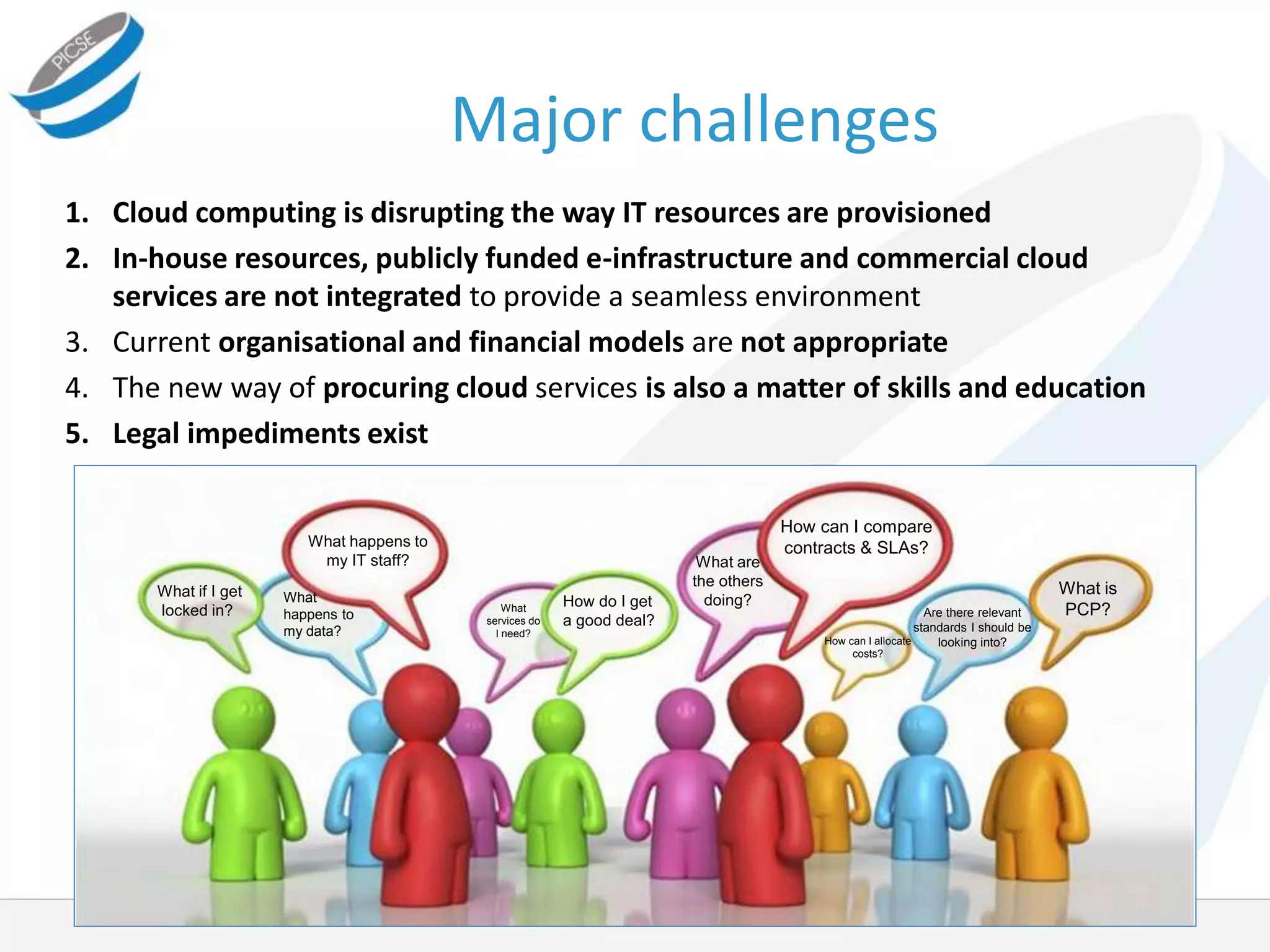 Major challenges
What if I get
locked in? Are there relevant
standards I should be
looking into?
What
happens to
my data?
How do I get
a good deal?
What happens to
my IT staff?
How can I compare
contracts & SLAs?
What is
PCP?
What are
the others
doing?
How can I allocate
costs?
What
services do
I need?
1. Cloud computing is disrupting the way IT resources are provisioned
2. In-house resources, publicly funded e-infrastructure and commercial cloud
services are not integrated to provide a seamless environment
3. Current organisational and financial models are not appropriate
4. The new way of procuring cloud services is also a matter of skills and education
5. Legal impediments exist
 