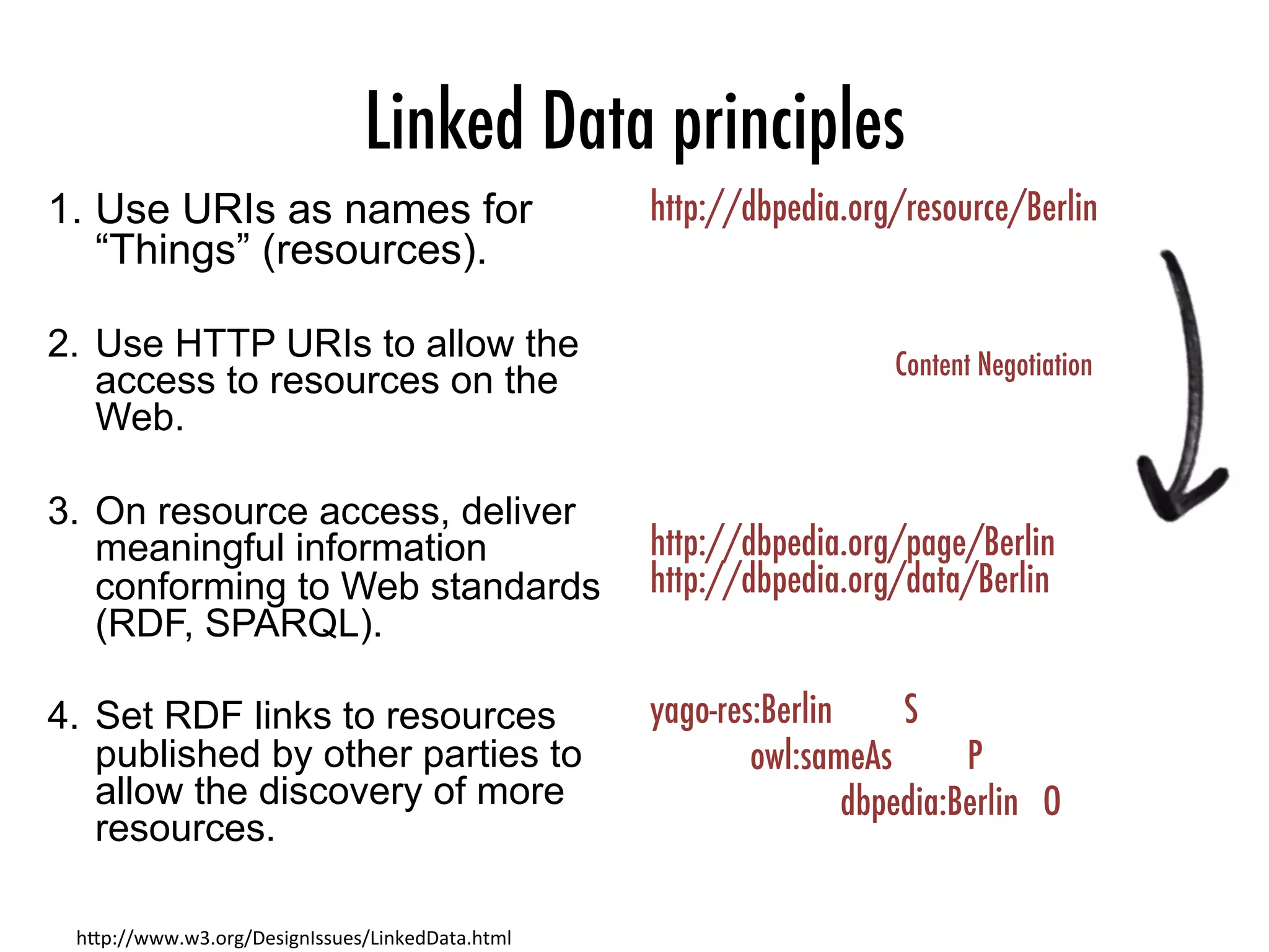 Linked Data principles
1.  Use URIs as names for
“Things” (resources).
2.  Use HTTP URIs to allow the
access to resources on the
Web.
3.  On resource access, deliver
meaningful information
conforming to Web standards
(RDF, SPARQL).
4.  Set RDF links to resources
published by other parties to
allow the discovery of more
resources.
http://dbpedia.org/resource/Berlin



http://dbpedia.org/page/Berlin
http://dbpedia.org/data/Berlin

yago-res:Berlin
 
S

owl:sameAs
 
P


dbpedia:Berlin O
h"p://www.w3.org/DesignIssues/LinkedData.html	
Content Negotiation
 