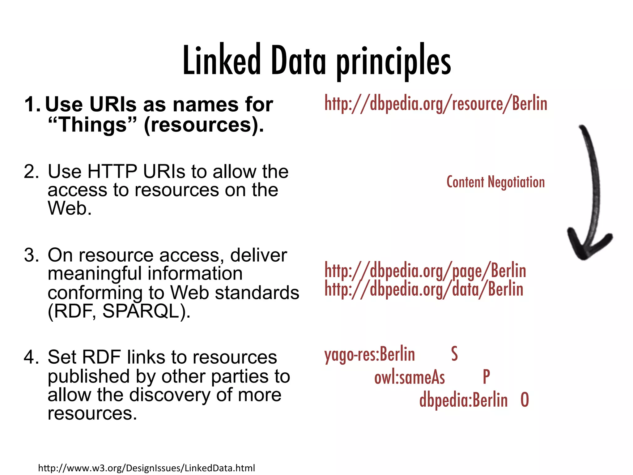Linked Data principles
1.  Use URIs as names for
“Things” (resources).
2.  Use HTTP URIs to allow the
access to resources on the
Web.
3.  On resource access, deliver
meaningful information
conforming to Web standards
(RDF, SPARQL).
4.  Set RDF links to resources
published by other parties to
allow the discovery of more
resources.
h"p://www.w3.org/DesignIssues/LinkedData.html	
http://dbpedia.org/resource/Berlin



http://dbpedia.org/page/Berlin
http://dbpedia.org/data/Berlin

yago-res:Berlin
 
S

owl:sameAs
 
P


dbpedia:Berlin O
Content Negotiation
 