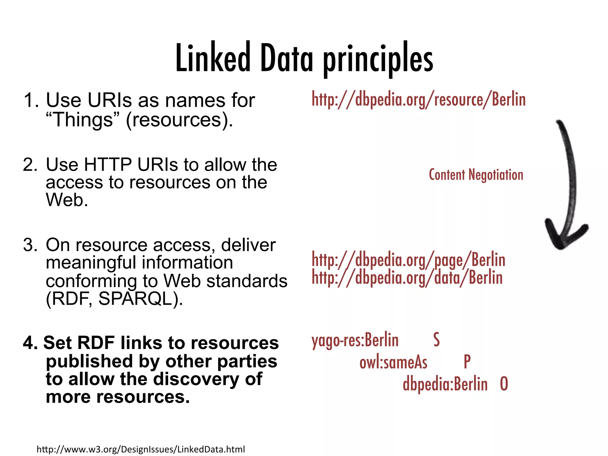 Linked Data principles
1.  Use URIs as names for
“Things” (resources).
2.  Use HTTP URIs to allow the
access to resources on the
Web.
3.  On resource access, deliver
meaningful information
conforming to Web standards
(RDF, SPARQL).
4.  Set RDF links to resources
published by other parties
to allow the discovery of
more resources.
h"p://www.w3.org/DesignIssues/LinkedData.html	
http://dbpedia.org/resource/Berlin



http://dbpedia.org/page/Berlin
http://dbpedia.org/data/Berlin

yago-res:Berlin
 
S

owl:sameAs
 
P


dbpedia:Berlin O
Content Negotiation
 