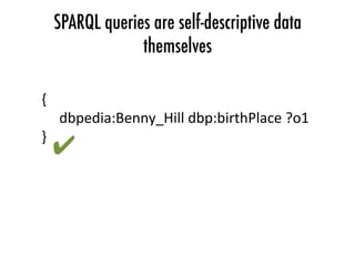 SPARQL queries are self-descriptive data
themselves
{	
	dbpedia:Benny_Hill	dbp:birthPlace	?o1	
}	
✔	
 