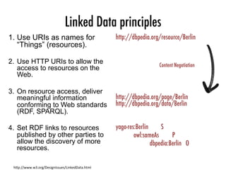 Linked Data principles
1.  Use URIs as names for
“Things” (resources).
2.  Use HTTP URIs to allow the
access to resources ...