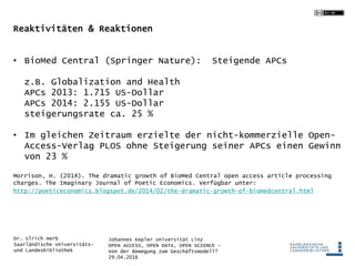 Johannes Kepler Universität Linz
OPEN ACCESS, OPEN DATA, OPEN SCIENCE -
Von der Bewegung zum Geschäftsmodell?
29.04.2016
Dr. Ulrich Herb
Saarländische Universitäts-
und Landesbibliothek
Reaktivitäten & Reaktionen
• BioMed Central (Springer Nature): Steigende APCs
z.B. Globalization and Health
APCs 2013: 1.715 US-Dollar
APCs 2014: 2.155 US-Dollar
steigerungsrate ca. 25 %
• Im gleichen Zeitraum erzielte der nicht-kommerzielle Open-
Access-Verlag PLOS ohne Steigerung seiner APCs einen Gewinn
von 23 %
Morrison, H. (2014). The dramatic growth of BioMed Central open access article processing
charges. The Imaginary Journal of Poetic Economics. Verfügbar unter:
http://poeticeconomics.blogspot.de/2014/02/the-dramatic-growth-of-biomedcentral.html
 