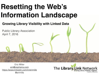 Resetting the Web’s
Information Landscape
Growing Library Visibility with Linked Data
Public Library Association
April 7, 2016
Eric Miller
em@zepheira.com
https://www.linkedin.com/in/erimille
@erimille
Coming PLA 2016
Library.Link
Growing Library Visibility Together
The
A Zepheira Collaboration
Network
The Library.Link NetworkGrowing Library Visibility Together
A Zepheira Collaboration
 