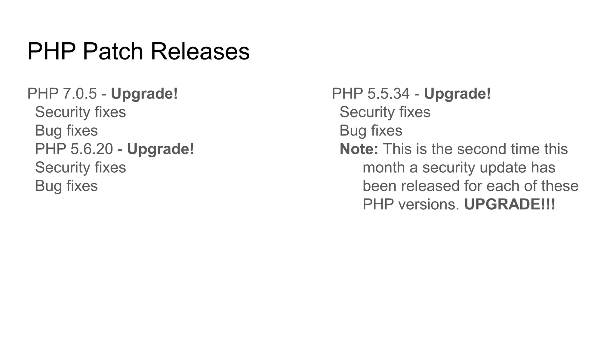 PHP Patch Releases
PHP 7.0.5 - Upgrade!
Security fixes
Bug fixes
PHP 5.6.20 - Upgrade!
Security fixes
Bug fixes
PHP 5.5.34 - Upgrade!
Security fixes
Bug fixes
Note: This is the second time this
month a security update has
been released for each of these
PHP versions. UPGRADE!!!
 