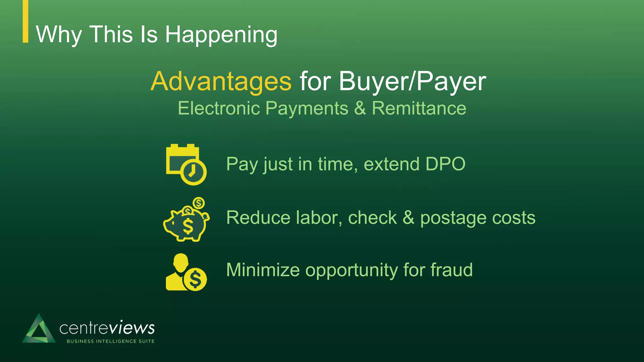 Why This Is Happening
Advantages for Buyer/Payer
Electronic Payments & Remittance
Pay just in time, extend DPO
Reduce labor, check & postage costs
Minimize opportunity for fraud
 