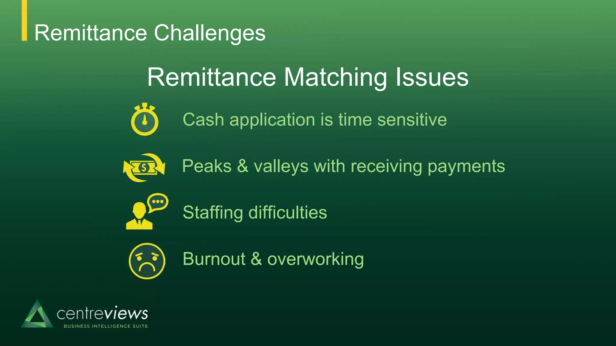 Remittance Challenges
Remittance Matching Issues
Cash application is time sensitive
Peaks & valleys with receiving payments
Staffing difficulties
Burnout & overworking
 