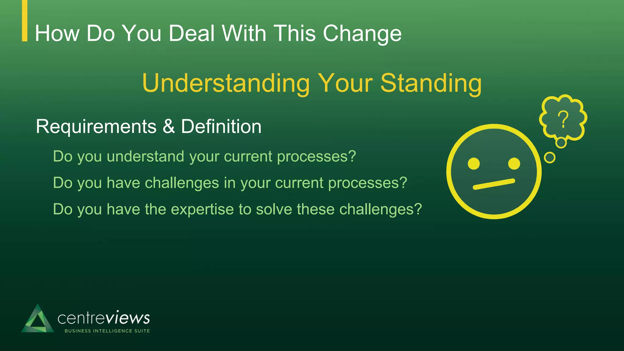 How Do You Deal With This Change
Understanding Your Standing
Requirements & Definition
Do you understand your current processes?
Do you have challenges in your current processes?
Do you have the expertise to solve these challenges?
 