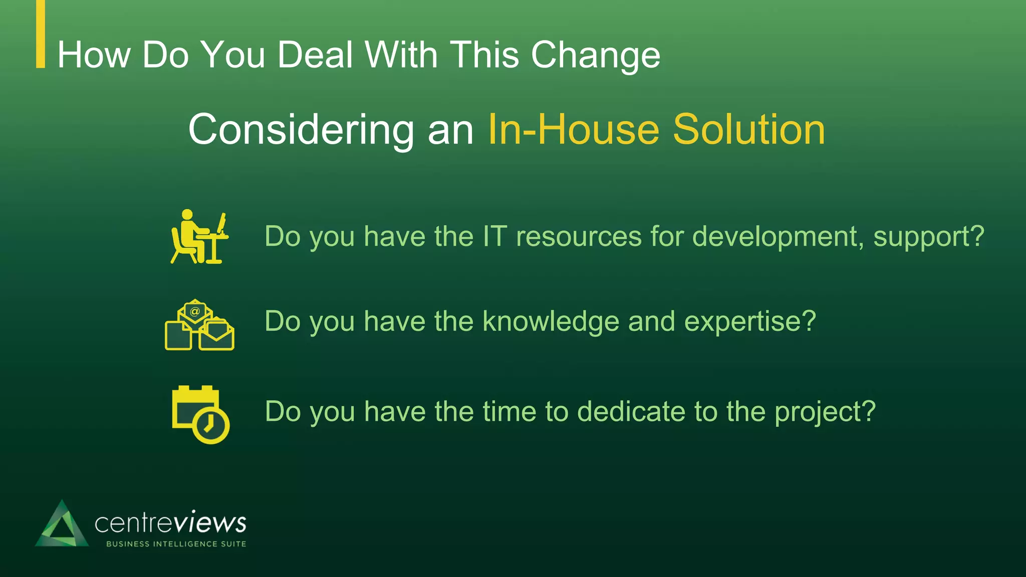 How Do You Deal With This Change
Considering an In-House Solution
Do you have the IT resources for development, support?
Do you have the knowledge and expertise?
Do you have the time to dedicate to the project?
 