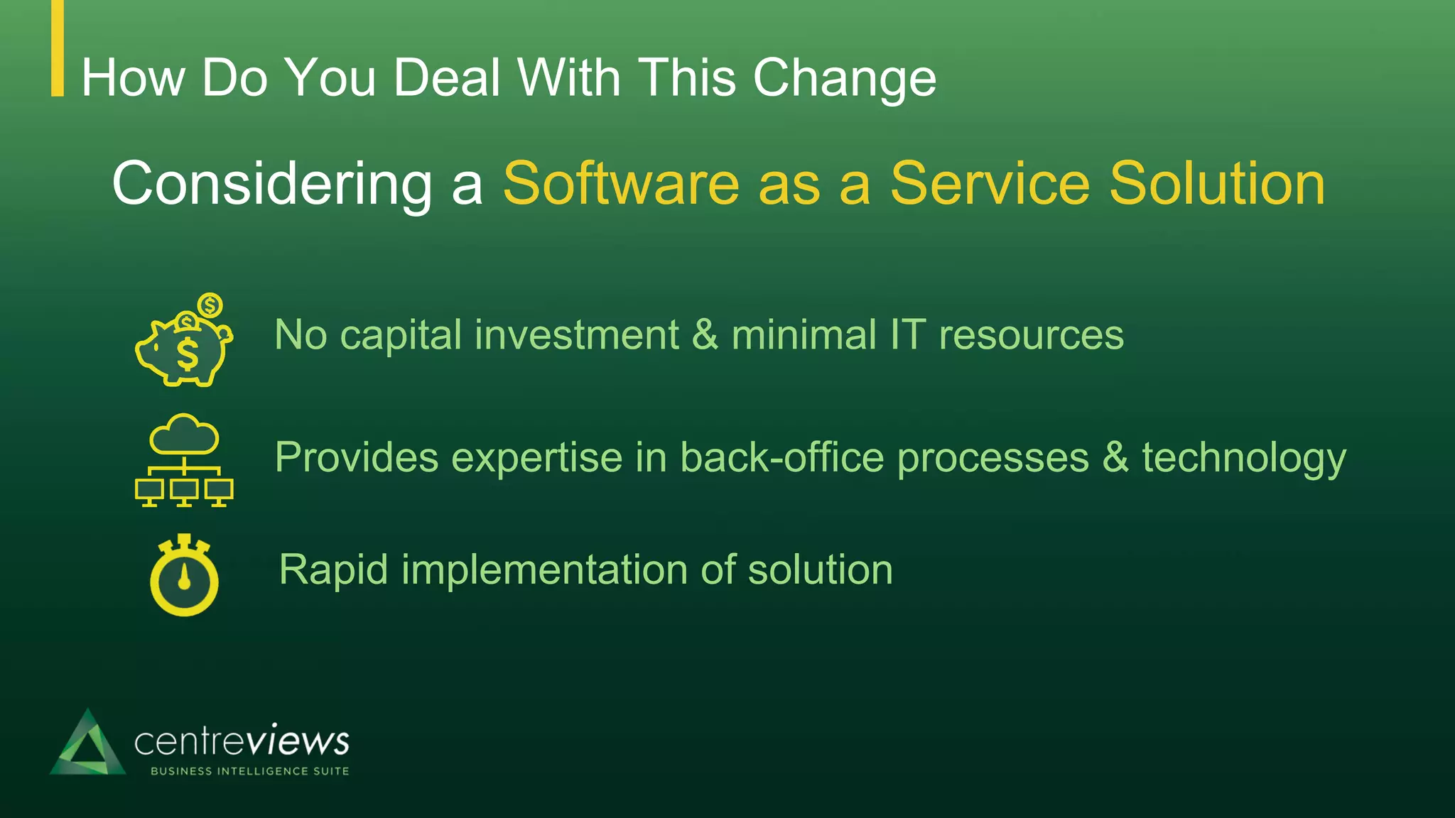 How Do You Deal With This Change
Considering a Software as a Service Solution
No capital investment & minimal IT resources
Rapid implementation of solution
Provides expertise in back-office processes & technology
 