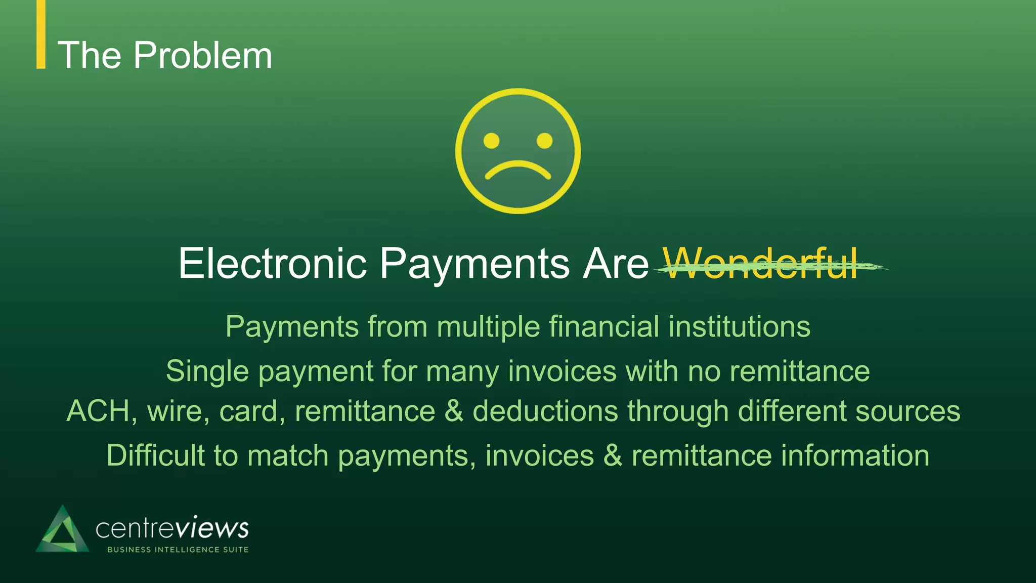 The Problem
Electronic Payments Are Wonderful
Payments from multiple financial institutions
Single payment for many invoices with no remittance
Difficult to match payments, invoices & remittance information
ACH, wire, card, remittance & deductions through different sources
 