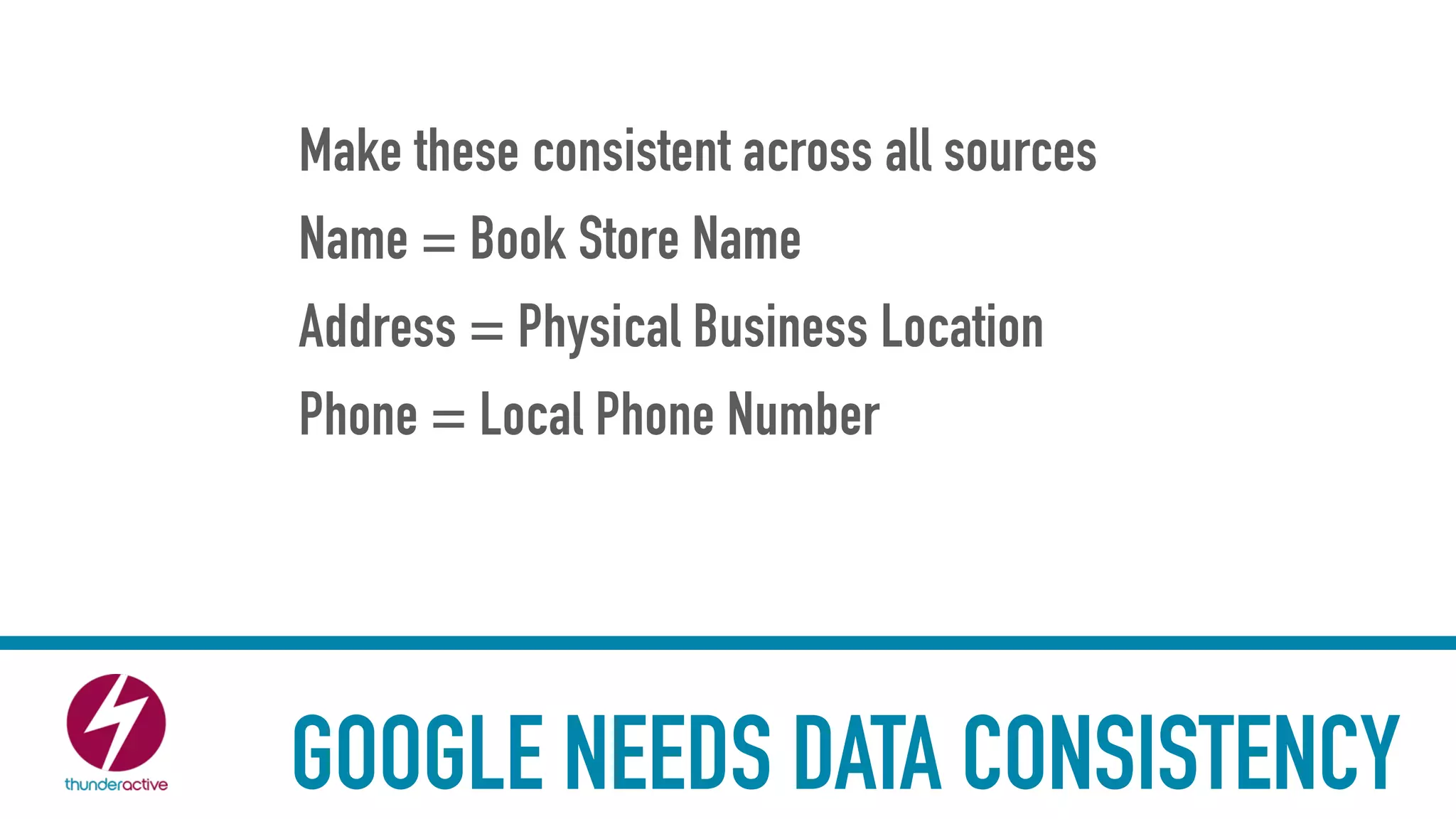 GOOGLE NEEDS DATA CONSISTENCY
Make these consistent across all sources
Name = Book Store Name
Address = Physical Business Location
Phone = Local Phone Number
