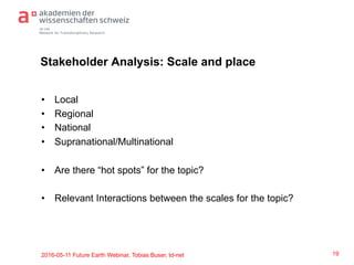 td-net
Network for Transdisciplinary Research
Stakeholder Analysis: Scale and place
•  Local
•  Regional
•  National
•  Supranational/Multinational
•  Are there “hot spots” for the topic?
•  Relevant Interactions between the scales for the topic?
2016-05-11 Future Earth Webinar, Tobias Buser, td-net 19
 