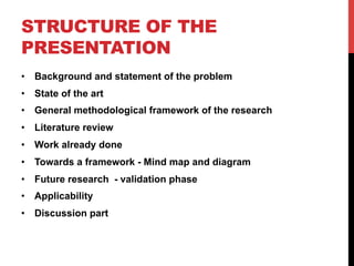 STRUCTURE OF THE
PRESENTATION
•  Background and statement of the problem
•  State of the art
•  General methodological framework of the research
•  Literature review
•  Work already done
•  Towards a framework - Mind map and diagram
•  Future research - validation phase
•  Applicability
•  Discussion part
 