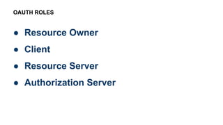 ● Resource Owner
● Client
● Resource Server
● Authorization Server
OAUTH ROLES
 