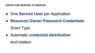 ● One Service User per Application
● Resource Owner Password Credentials
Grant Type
● Automatic credential distribution
and rotation
OAUTH FOR SERVICE TO SERVICE
 
