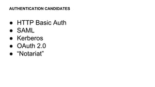 ● HTTP Basic Auth
● SAML
● Kerberos
● OAuth 2.0
● “Notariat”
AUTHENTICATION CANDIDATES
 