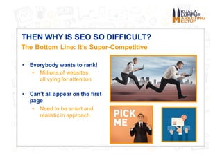 THEN WHY IS SEO SO DIFFICULT?
The Bottom Line: It’s Super-Competitive
• Everybody wants to rank!
• Millions of websites,
a...
