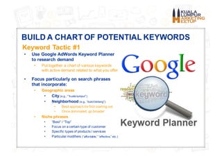 BUILD A CHART OF POTENTIAL KEYWORDS
• Use Google AdWords Keyword Planner
to research demand
• Put together a chart of vari...