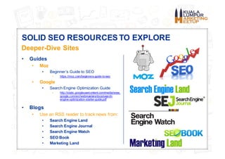 SOLID SEO RESOURCES TO EXPLORE
Deeper-Dive Sites
• Guides
• Moz
• Beginner’s Guide to SEO
• https://moz.com/beginners-guid...