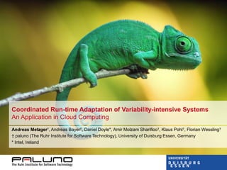 ©paluno
Coordinated Run-time Adaptation of Variability-intensive Systems
An Application in Cloud Computing
Andreas Metzger†, Andreas Bayer†, Daniel Doyle*, Amir Molzam Sharifloo†, Klaus Pohl†, Florian Wessling†
† paluno (The Ruhr Institute for Software Technology), University of Duisburg Essen, Germany
* Intel, Ireland
 