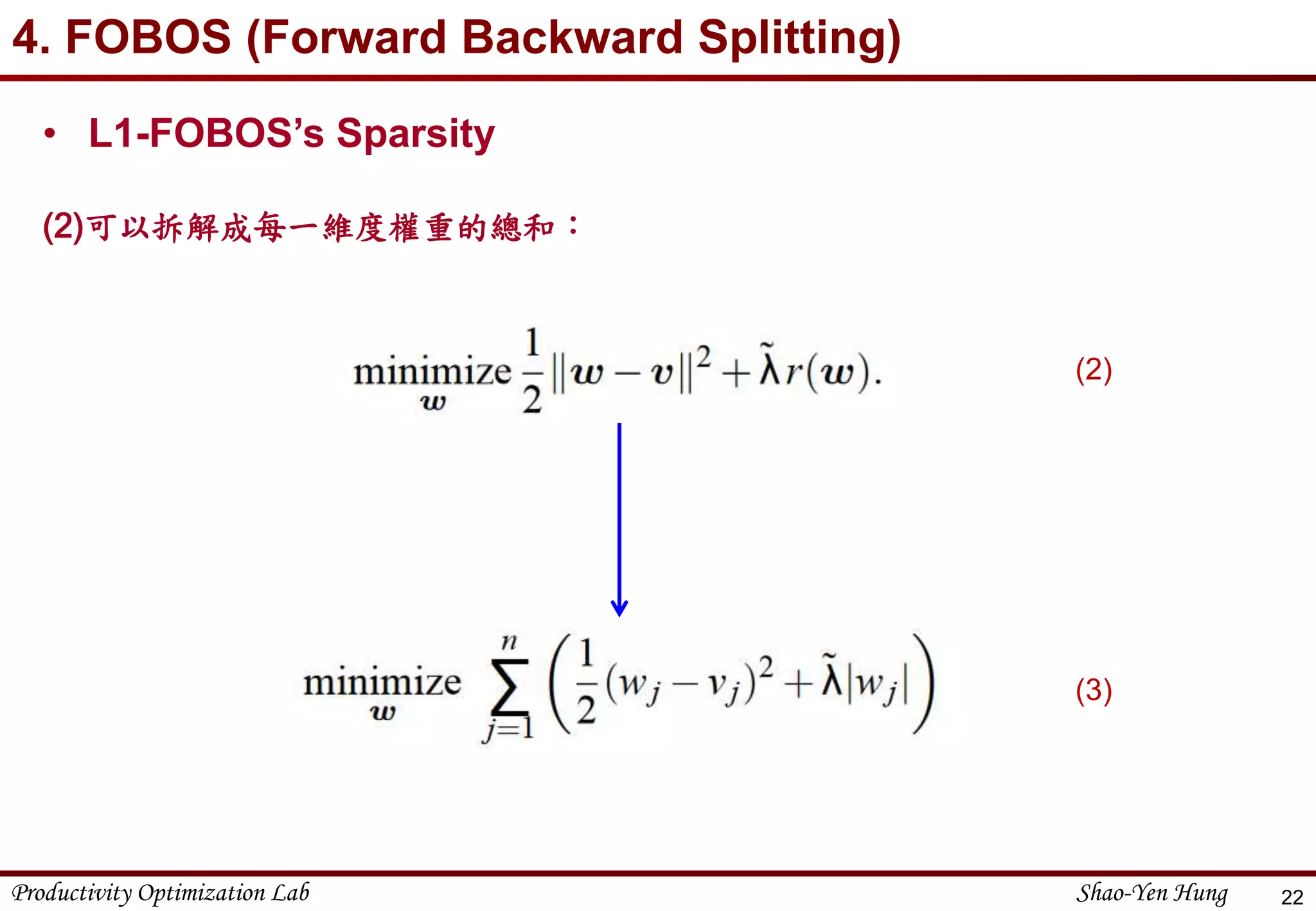 Productivity Optimization Lab Shao-Yen Hung
4. FOBOS (Forward Backward Splitting)
22
• L1-FOBOS’s Sparsity
(2)可以拆解成每一維度權重的總和：
(2)
(3)
 