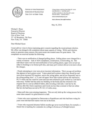 Letter of Concern to Board of Elections Regarding Voters' Problems During Presidential Primary.