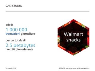 Walmart
snacks
più di
1 000 000
transazioni giornaliere
per un totale di
2.5 petabytes
raccolti giornalmente
CASI STUDIO
B...