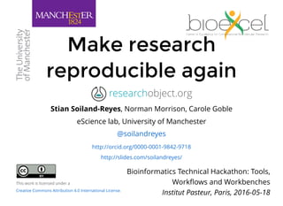 Make researchMake research
reproducible againreproducible again
Stian Soiland-Reyes, Norman Morrison, Carole Goble
eScience lab, University of Manchester
@soilandreyes
http://orcid.org/0000-0001-9842-9718
http://slides.com/soilandreyes/
Bioinformatics Technical Hackathon: Tools,
Workﬂows and Workbenches
Institut Pasteur, Paris, 2016-05-18
This work is licensed under a
.Creative Commons Attribution 4.0 International License
researchobject.org
 