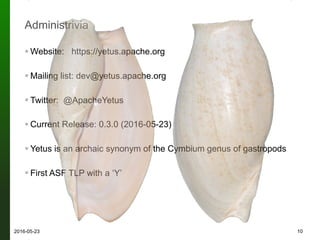 Administrivia
! Website: https://yetus.apache.org
! Mailing list: dev@yetus.apache.org
! Twitter: @ApacheYetus
! Current Release: 0.3.0 (2016-05-23)
! Yetus is an archaic synonym of the Cymbium genus of gastropods
! First ASF TLP with a ‘Y’
102016-05-23
 