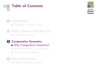 Table of Contents
1 Introduction
Pathogen Genome Data
2 Public Genome Data Sources
Online Resources
3 Comparative Genomics...