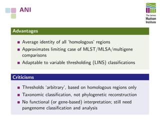 ANI
Advantages
Average identity of all ‘homologous’ regions
Approximates limiting case of MLST/MLSA/multigene
comparisons
...