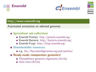Ensembl
http://www.ensembl.org
Automated annotation on selected genomes
Specialised sub-collections
Ensembl Protists: http...
