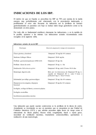 14
INDICACIONES DE LOS IBP.
El motivo de que en España se prescriban los IBP un 70% por encima de la media
europea muy probablemente esté relacionado con la prescripción inadecuada, y
posiblemente el error más frecuente de indicación sea la profilaxis de lesiones
gastroduodenales en pacientes con bajo (o incluso nulo) riesgo gastrolesivo como se ha
demostrado en otros países.
Por todo ello es fundamental establecer claramente las indicaciones, y en la medida de
lo posible, ajustarse a las mismas. Las indicaciones actuales recomendadas están
recogidas en la siguiente tabla.
Indicaciones actuales de uso de IBP
Patología Dosis de omeprazol y tiempo de tratamiento
Úlcera gástrica y duodenal Omeprazol 20 mg/día 4-8 semanas
Síndrome Zollinger Ellison Omeprazol 20-60 mg/día
Profilaxis gastroenteropatía por AINE/AAS Omeprazol 20 mg/ día
Profilaxis úlcera de estrés Omeprazol 20 mg i.v./ día
Erradicación Helicobacter pylori Omeprazol 40 mg cada 12 horas 10-14 días
Hemorragia digestiva alta Bolo por vía intravenosa de Omeprazol 80 mg i.v.
seguido de Omeprazol 40 i.v. cada 8 horas o
perfusión 8 mg i.v. /hora 72 horas
Enfermedad por reflujo gastroesofágico Omeprazol 20 mg/ día 4-8 semanas.
Dispepsia no investigada y dispepsia Omeprazol 20 mg/día 4-8 semanas
funcional
Esofagitis, esófago de Barret y estenosis péptica
Esofagitis eosinofílica
Insuficiencia pancreática exocrina
Una indicación que puede suscitar controversia es la profilaxis de la úlcera de estrés.
Actualmente se recomienda su uso en pacientes que se encuentran en una Unidad de
Cuidados Intensivos (UCI) y que además presentan algún factor de riesgo como el
antecedente de úlcera péptica, fracaso renal, coagulopatía, shock o sepsis grave,
necesidad de ventilación mecánica, traumatismo craneoencefálico, quemaduras o
realización de una neurocirugía.
 