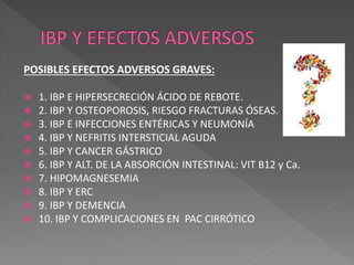 POSIBLES EFECTOS ADVERSOS GRAVES:
 1. IBP E HIPERSECRECIÓN ÁCIDO DE REBOTE.
 2. IBP Y OSTEOPOROSIS, RIESGO FRACTURAS ÓSEAS.
 3. IBP E INFECCIONES ENTÉRICAS Y NEUMONÍA
 4. IBP Y NEFRITIS INTERSTICIAL AGUDA
 5. IBP Y CANCER GÁSTRICO
 6. IBP Y ALT. DE LA ABSORCIÓN INTESTINAL: VIT B12 y Ca.
 7. HIPOMAGNESEMIA
 8. IBP Y ERC
 9. IBP Y DEMENCIA
 10. IBP Y COMPLICACIONES EN PAC CIRRÓTICO
 