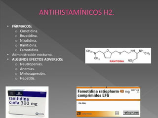 • FÁRMACOS:
o Cimetidina.
o Rozatidina.
o Nizatidina.
o Ranitidina.
o Famotidina.
• Administración nocturna.
• ALGUNOS EFECTOS ADVERSOS:
o Neutropenias.
o Anemias.
o Mielosupresión.
o Hepatitis.
 