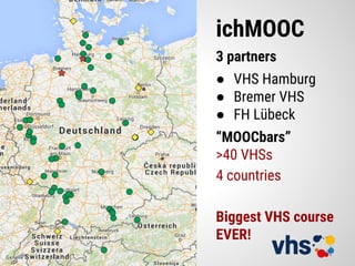 ichMOOC
3 partners
● VHS Hamburg
● Bremer VHS
● FH Lübeck
“MOOCbars”
>40 VHSs
4 countries
Biggest VHS course
EVER!
 