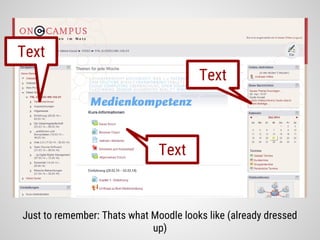 Just to remember: Thats what Moodle looks like (already dressed
up)
Text
Text
Text
 