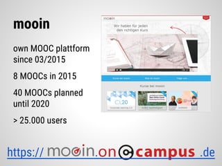 mooin
own MOOC plattform
since 03/2015
8 MOOCs in 2015
40 MOOCs planned
until 2020
> 25.000 users
https:// . .de
 
