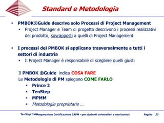 Standard e MetodologiaStandard e Metodologia
 PMBOK®Guide descrive solo Processi di Project Management
 Project Manager e Team di progetto descrivono i processi realizzativi
del prodotto, sovrapposti a quelli di Project Management
 I processi del PMBOK si applicano trasversalmente a tutti i
settori di industria
 Il Project Manager è responsabile di scegliere quelli giusti
Il PMBOK ®Guide indica COSA FARE
Le Metodologie di PM spiegano COME FARLO
 Prince 2
 TenStep
 MPMM
 Metodologie proprietarie …
Preparazione Certificazione CAPM - per studenti universitari e neo laureati Pagina 23TenStep Italia
 