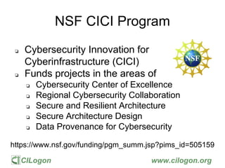 CILogon www.cilogon.org
NSF CICI Program
❏ Cybersecurity Innovation for
Cyberinfrastructure (CICI)
❏ Funds projects in the areas of
❏ Cybersecurity Center of Excellence
❏ Regional Cybersecurity Collaboration
❏ Secure and Resilient Architecture
❏ Secure Architecture Design
❏ Data Provenance for Cybersecurity
https://www.nsf.gov/funding/pgm_summ.jsp?pims_id=505159
 