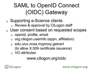 CILogon www.cilogon.org
SAML to OpenID Connect
(OIDC) Gateway
❏ Supporting e-Science clients
❏ Review & approval by CILogon staff
❏ User consent based on requested scopes
❏ openid, profile, email
❏ org.cilogon.userinfo (eppn, affiliation)
❏ edu.uiuc.ncsa.myproxy.getcert
(to allow X.509 certificate issuance)
❏ VO attributes
www.cilogon.org/oidc
 