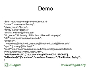 CILogon www.cilogon.org
Demo
{
"sub":"http://cilogon.org/serverA/users/534",
"name":"James Alan Basney",
"given_name":"Jam...