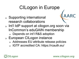 CILogon www.cilogon.org
CILogon in Europe
❏ Supporting international
research collaborations
❏ Int’l IdP support at cilogo...