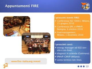 22
Appuntamenti FIRE
I prossimi eventi FIRE:
Conferenza ISO 50001, Milano,
21 giugno 2016
Conferenza EPC e IPMVP,
Bologna, 6 ottobre 2016
Enermanagement, 
Milano, 1 dicembre 2016
I prossimi corsi:
energy manager ed EGE (on-
site e on-line);
diagnosi in azienda (Gattinara);
IPMVP-CMVP (Milano);
conto termico (on-line).
www.fire-italia.org/eventi
 